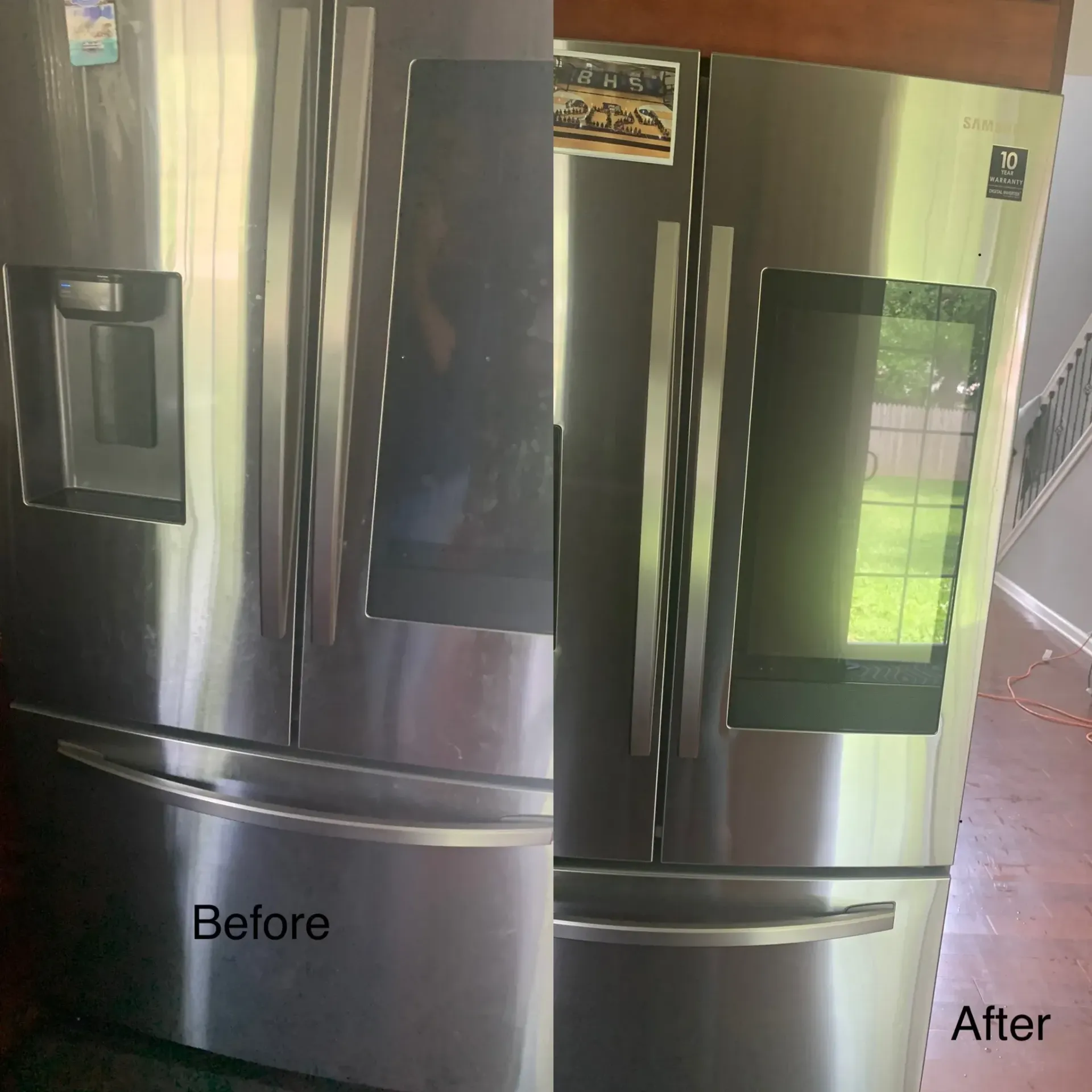 A before and after picture of a stainless steel refrigerator.