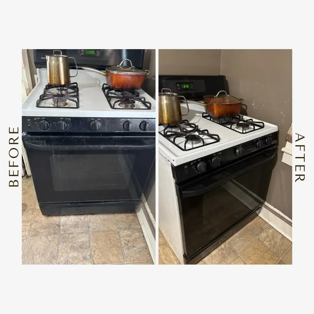 A before and after picture of a stove with pots on it.