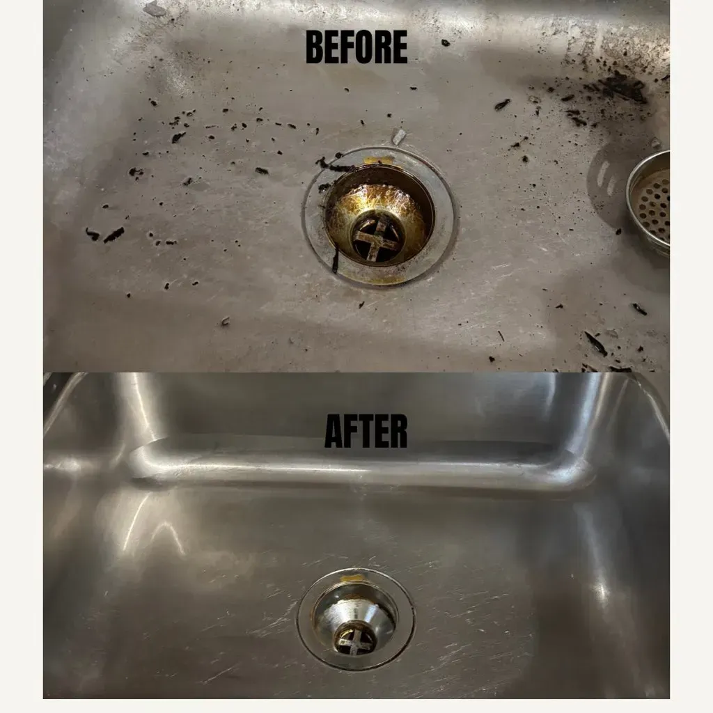 A before and after picture of a stainless steel sink