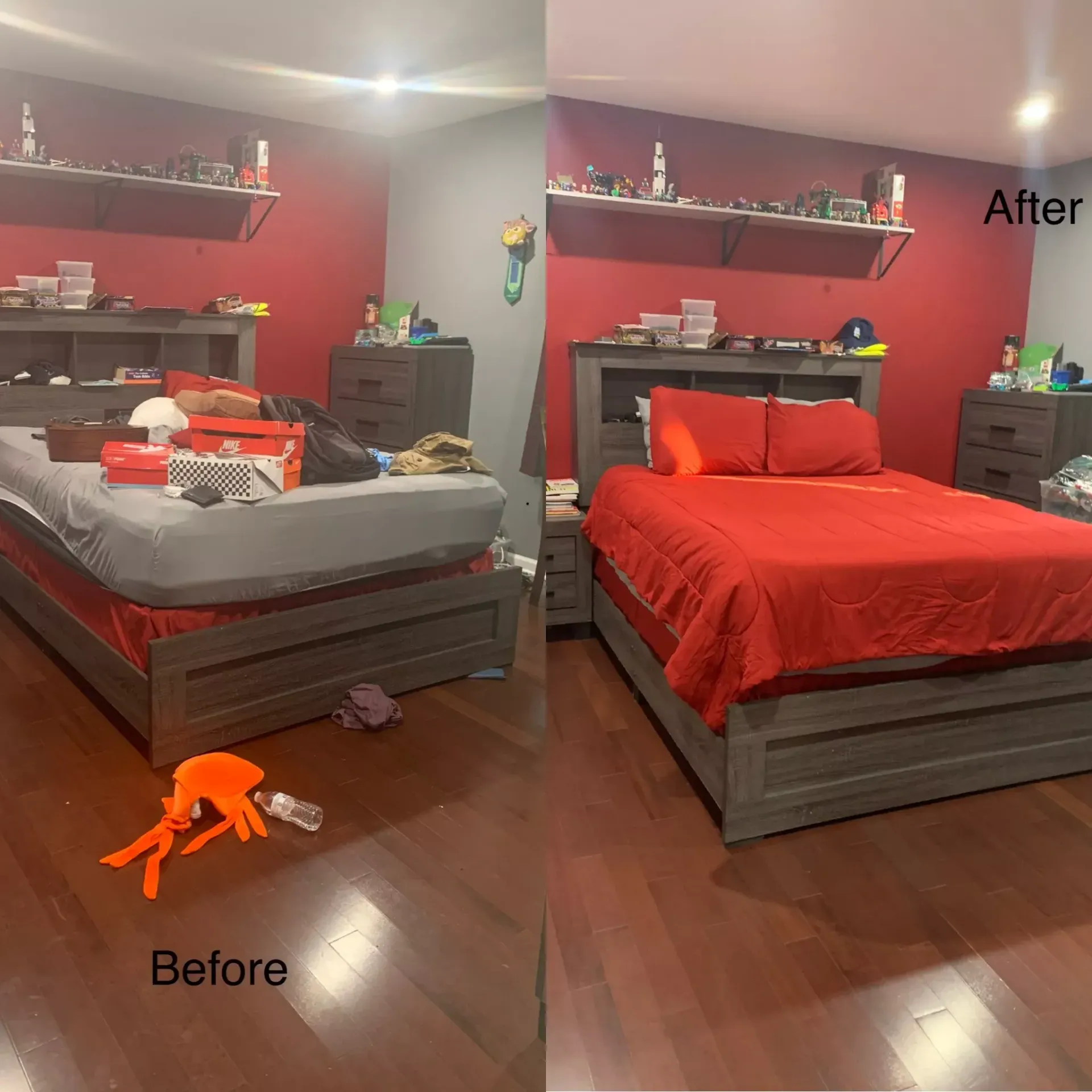 A before and after photo of a bedroom with a bed