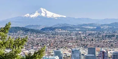 An aerial view of a city with a mountain in the background.