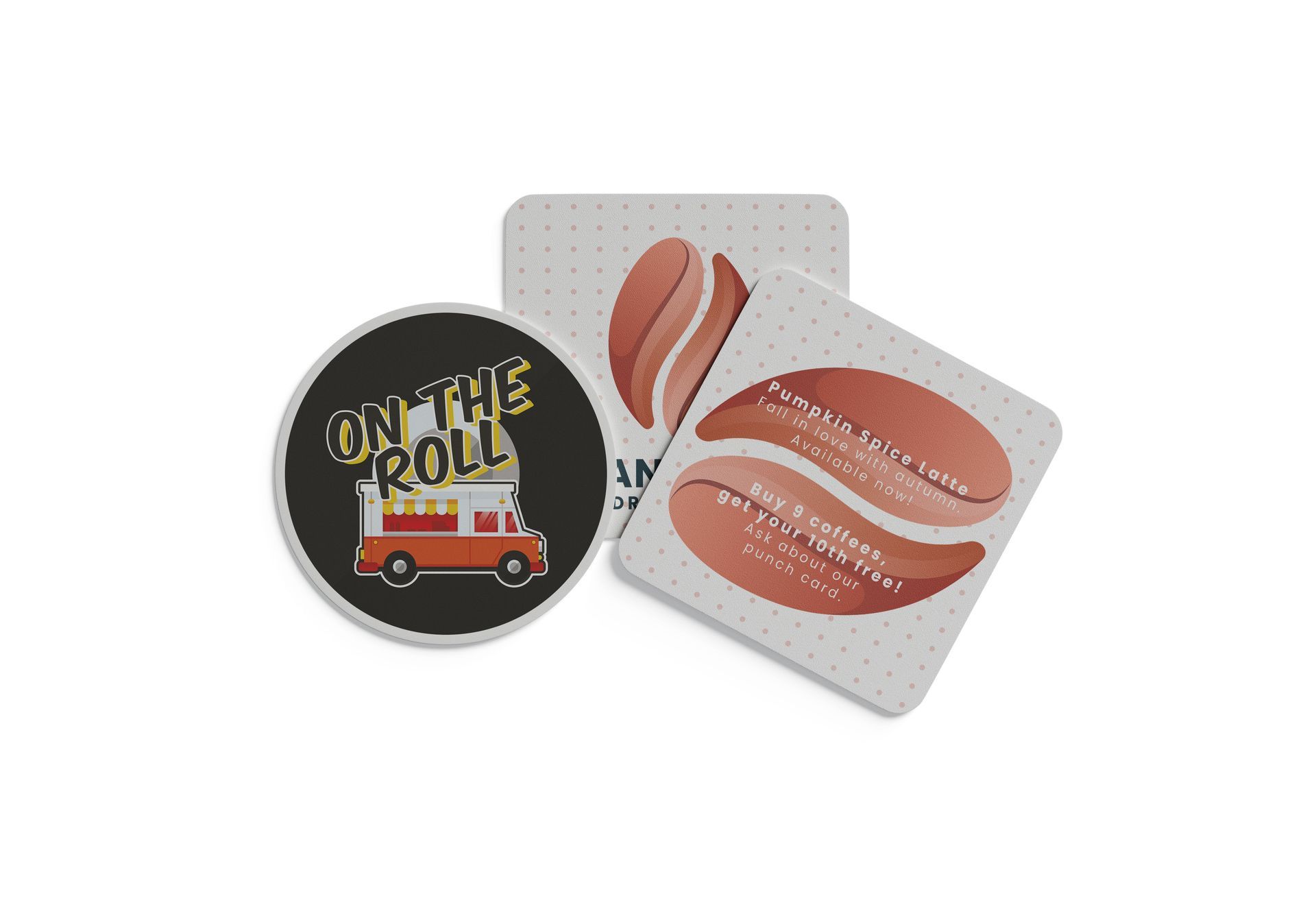 Three coffee-themed coasters: round with food truck graphic, and two square with coffee bean designs.