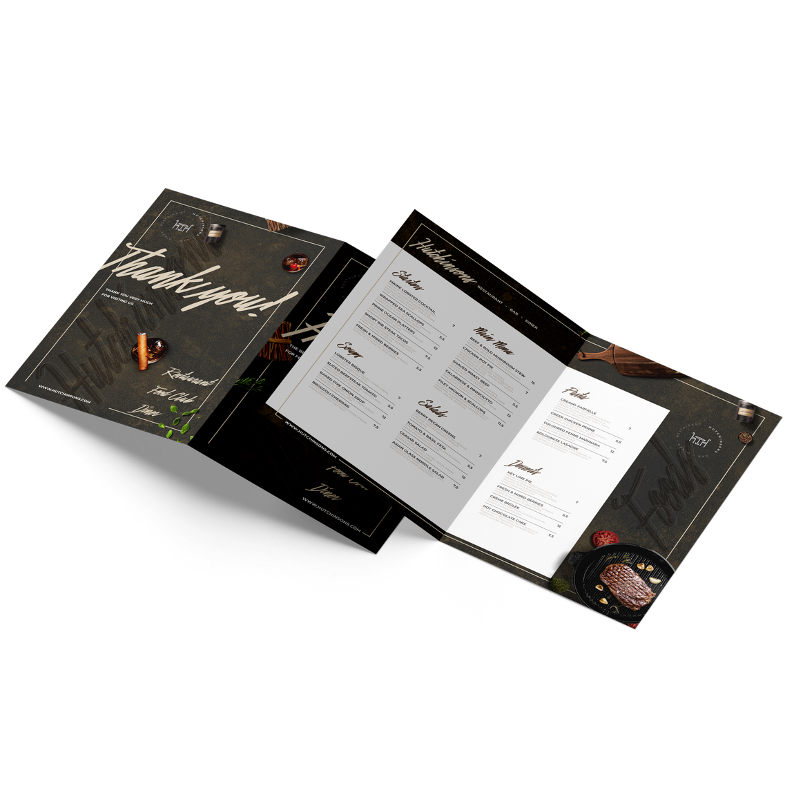 Bi-fold menu showcasing food items, featuring dark background and light text.