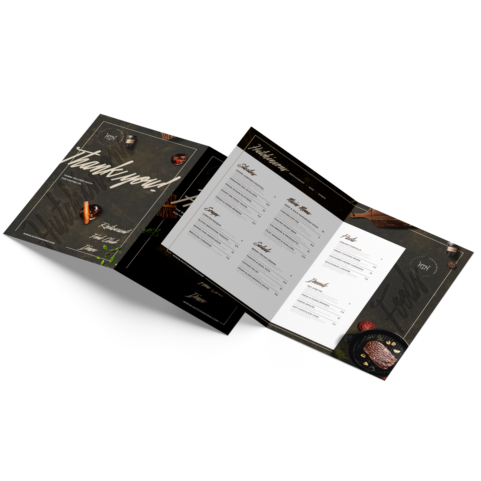 Bi-fold menu showcasing food items, featuring dark background and light text.