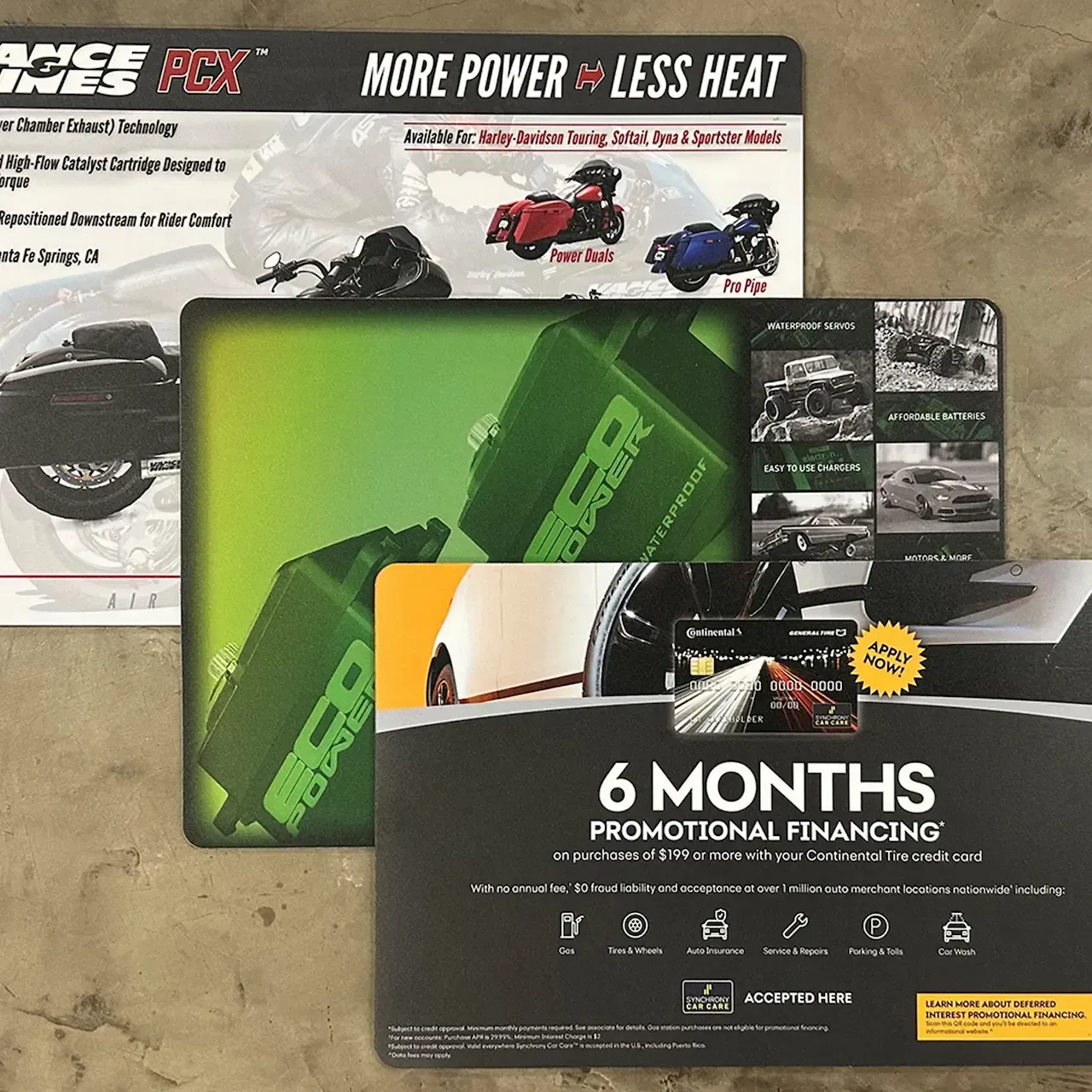 Three stacked marketing flyers featuring Vance & Hines motorcycle performance products and promotional financing details.