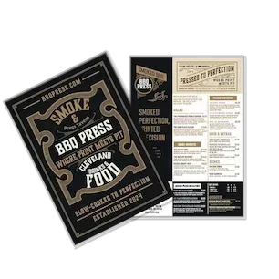 Smoke & BBQ Press menu: black and gold, featuring a stylized logo and food descriptions.