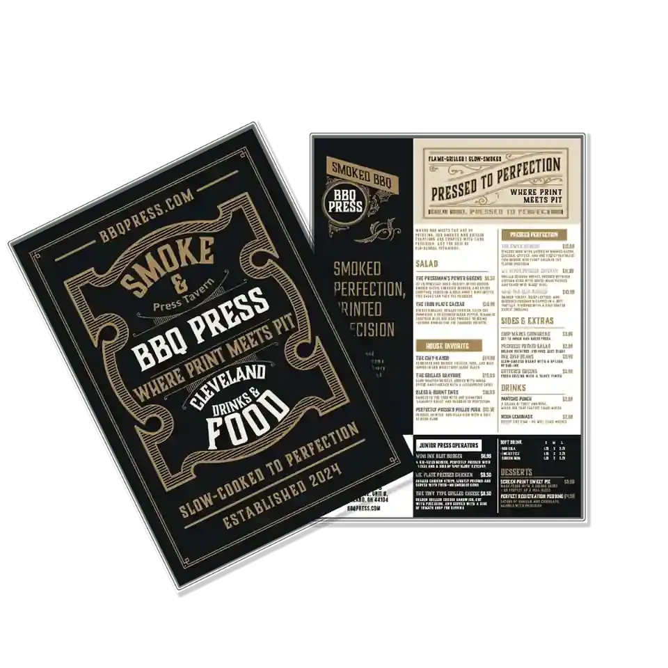 Smoke & BBQ Press menu: black and gold, featuring a stylized logo and food descriptions.
