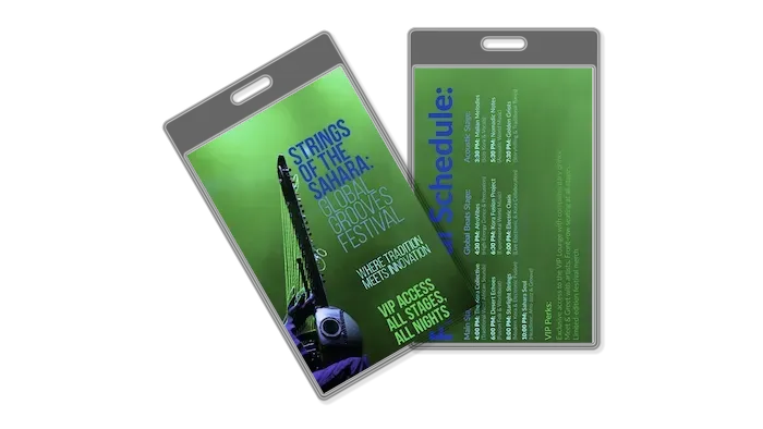 Festival passes: Strings of the Sahara with schedule on a green background. Includes VIP access to all stages.