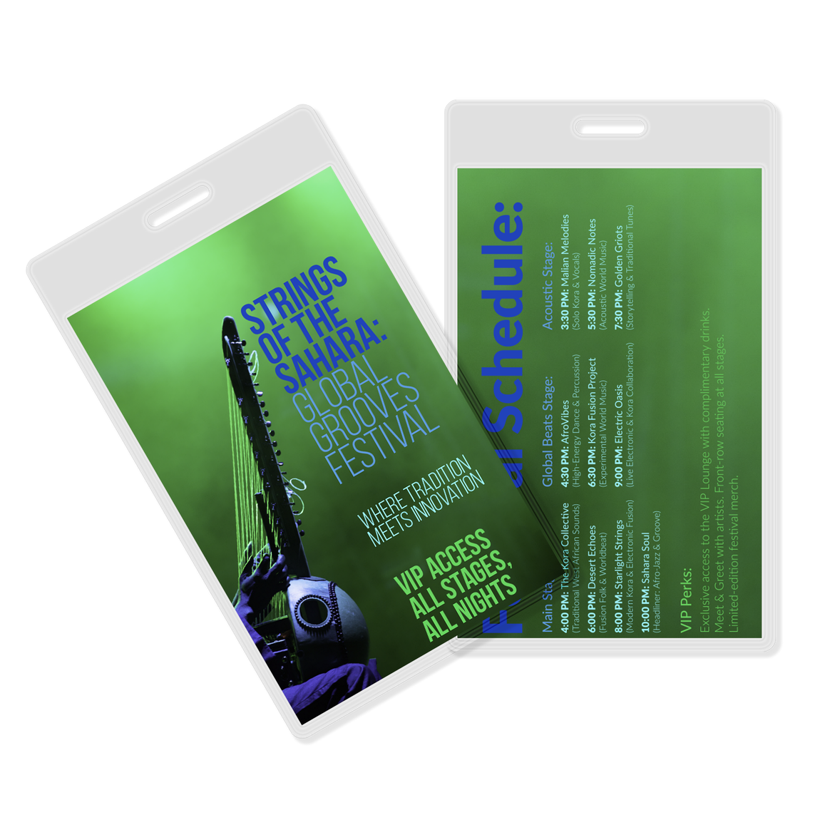 Two festival passes, one showing the event name and a musical instrument, the other with a schedule, in white plastic holders.