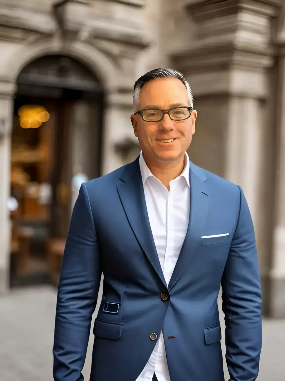 A man in a blue suit and white shirt is standing in front of a building.