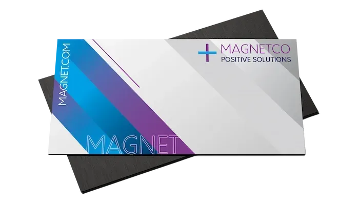 Business card on a black magnetic base; white, blue, and purple design with 