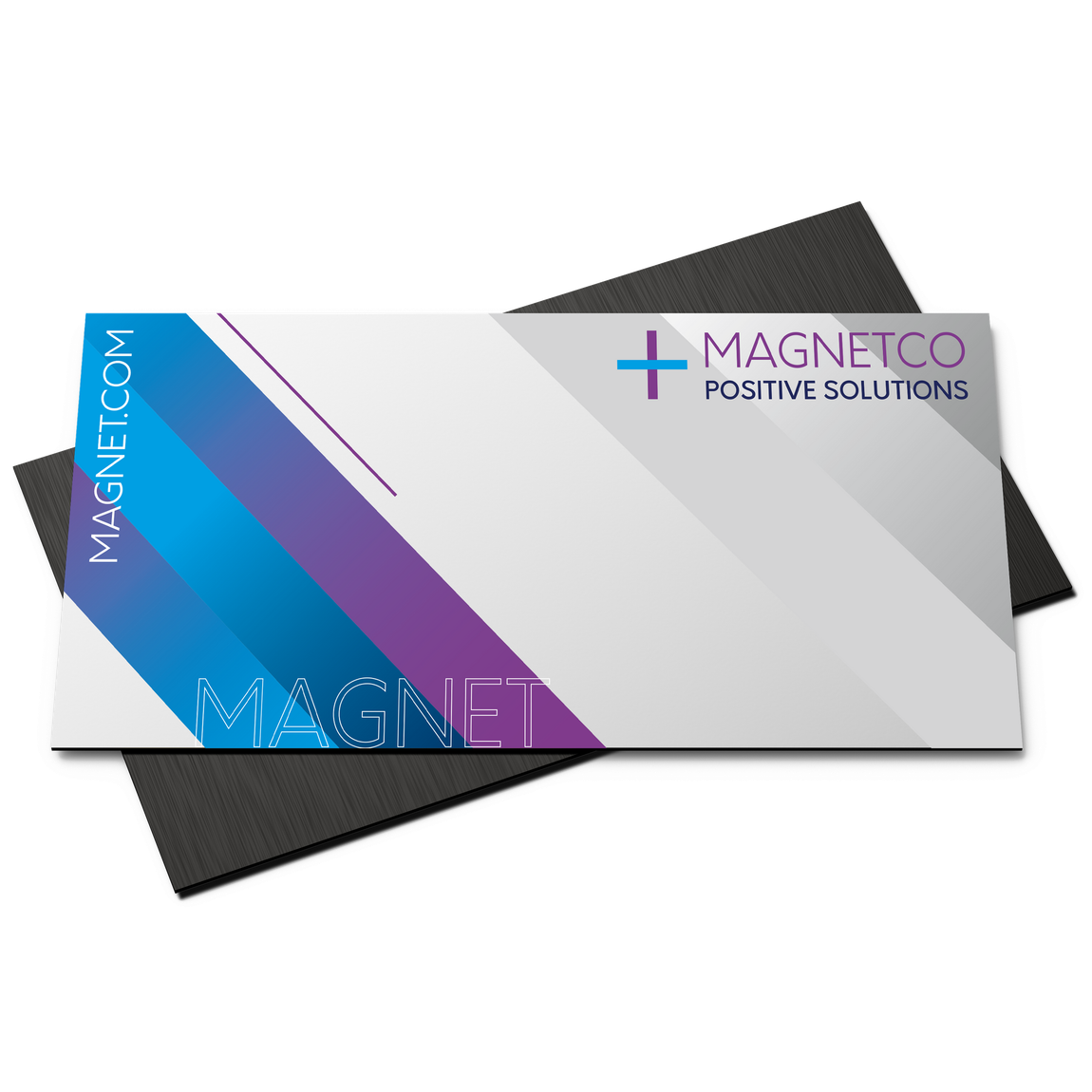 Business card on a black magnetic base; white, blue, and purple design with 