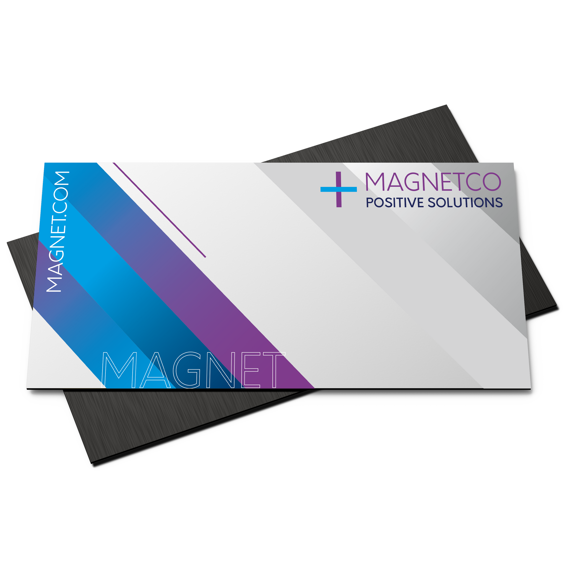 Business card on a black magnetic base; white, blue, and purple design with 