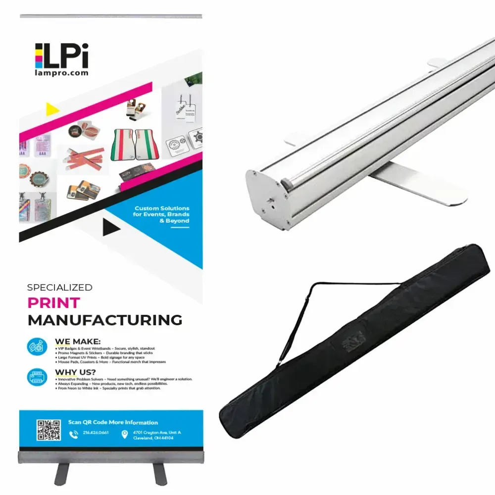 Roll-up banner display with printed design, silver hardware, and black carrying bag for print manufacturing company.