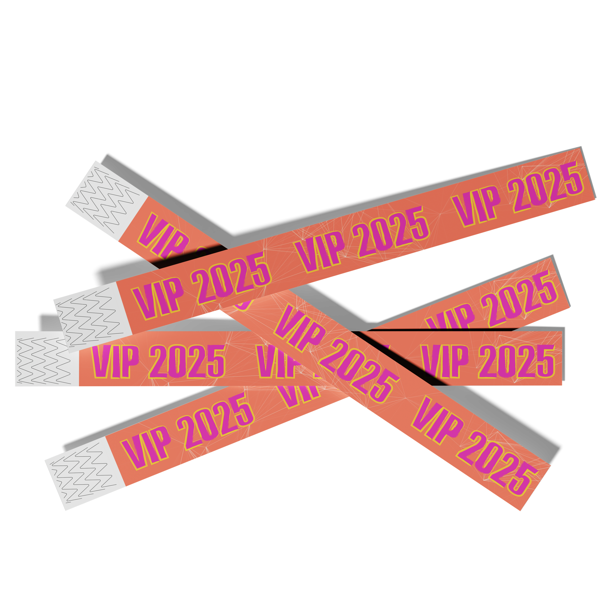 Orange VIP 2025 wristbands scattered, with pink text, and white sticky ends.