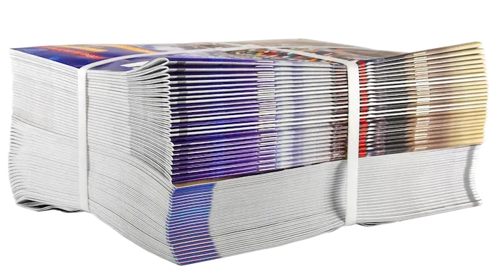 Bundle of brochures secured with white bands.