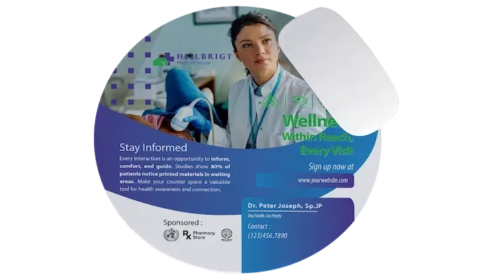Round mousepad with a doctor, text about staying informed, and wellness. Sponsored by Rx.