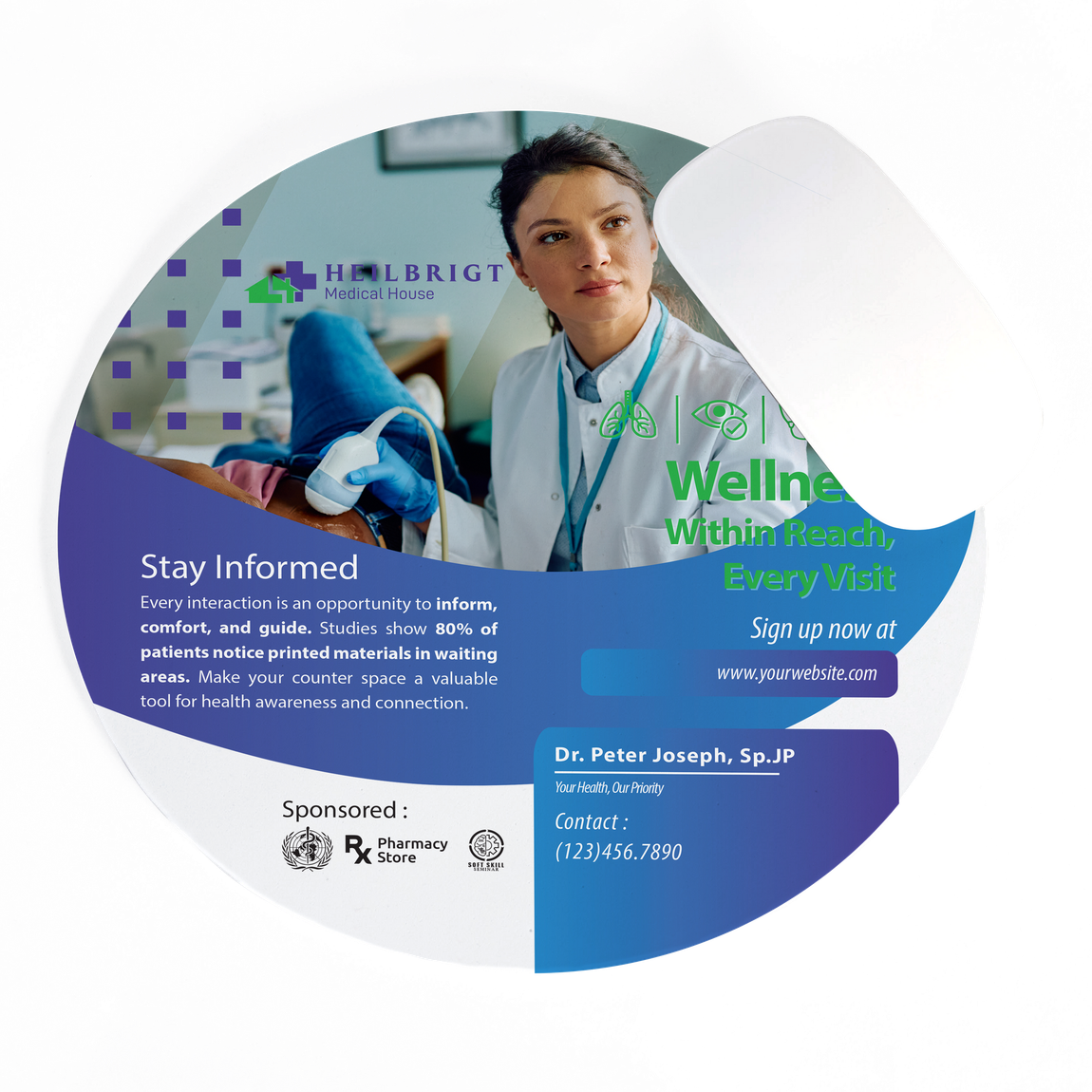 Round mousepad with a doctor, text about staying informed, and wellness. Sponsored by Rx.