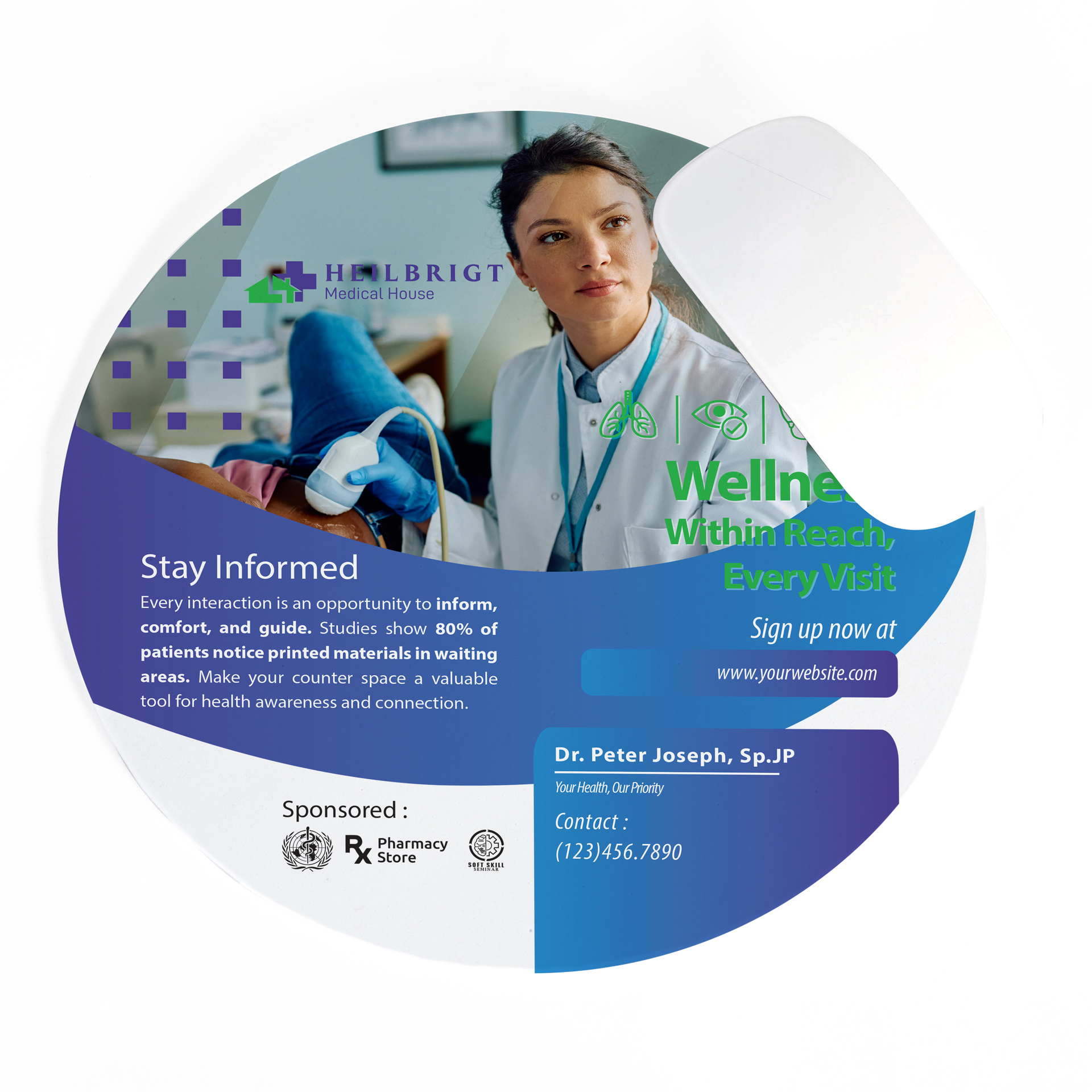 Circular advertisement for a medical clinic. A medical professional stands near medical equipment. The advertisement promotes wellness.