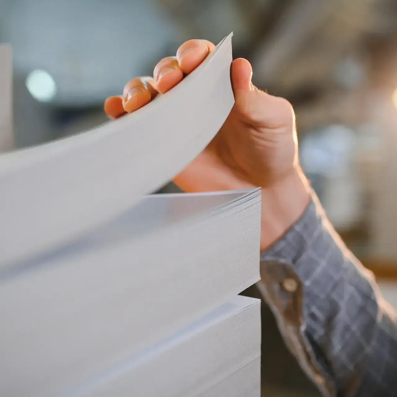Person's hand flipping through a stack of white paper in an industrial setting.