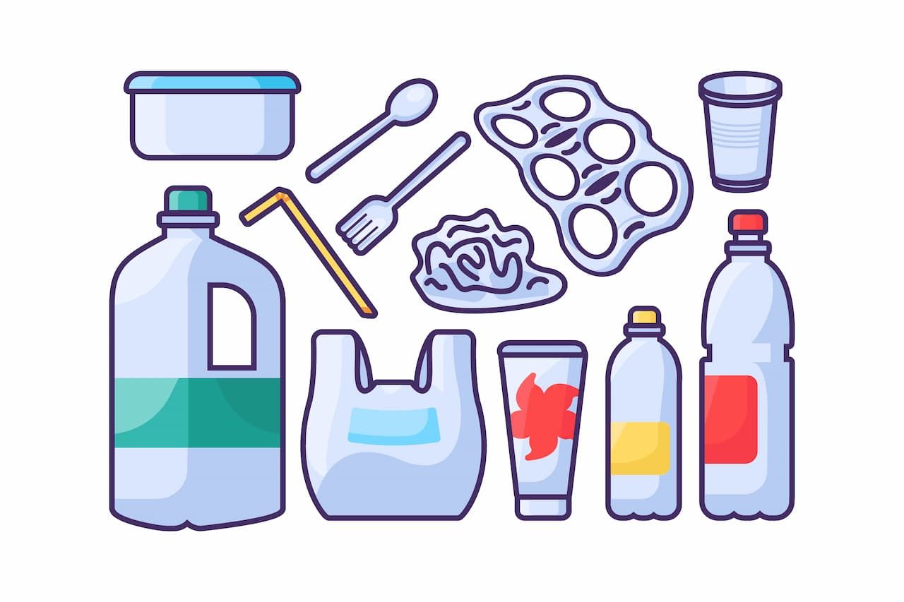 Assorted plastic waste items: bottles, containers, straws, cutlery, and packaging in blue and white.