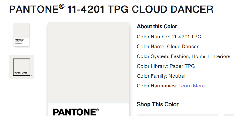 Pantone color swatch: Cloud Dancer (11-4201 TPG) in off-white; info about the color displayed.