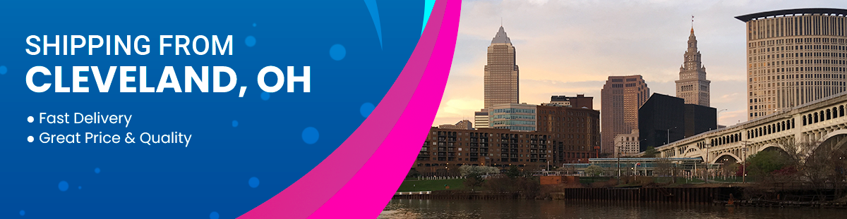 Shipping from Cleveland, OH, banner with city skyline. Blue and pink graphics.