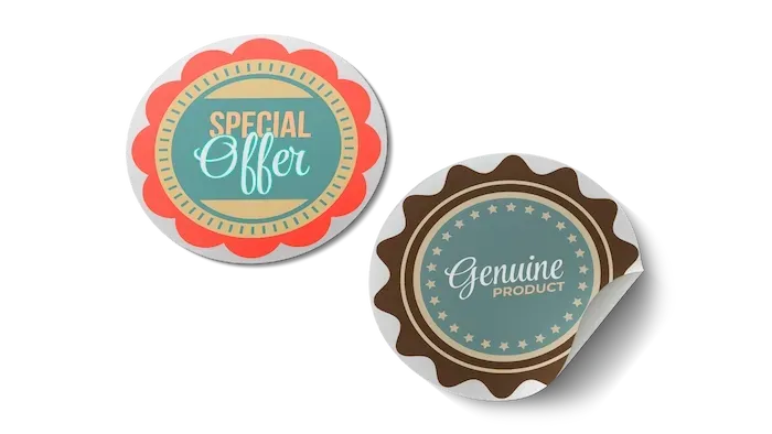 Two circular stickers with scalloped edges: one red/teal 