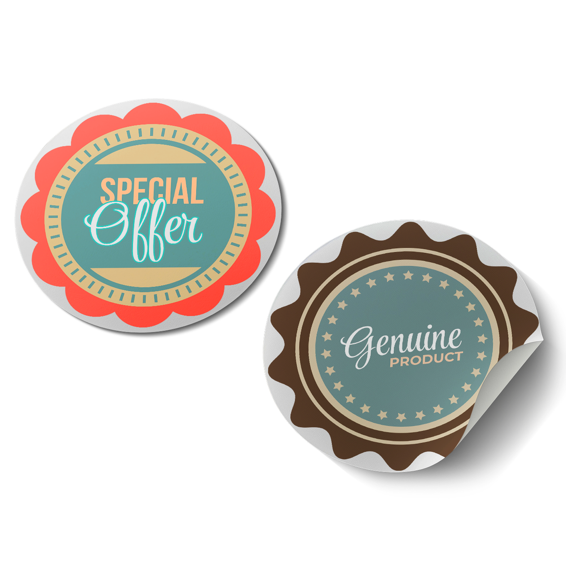 Two circular stickers with scalloped edges: one red/teal 
