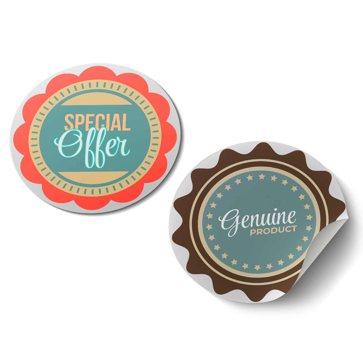 Two round, retro-style stickers: 