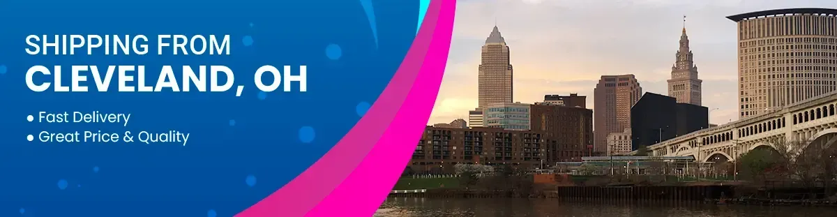 Shipping from Cleveland, OH with city skyline. Blue background with pink wave accents.