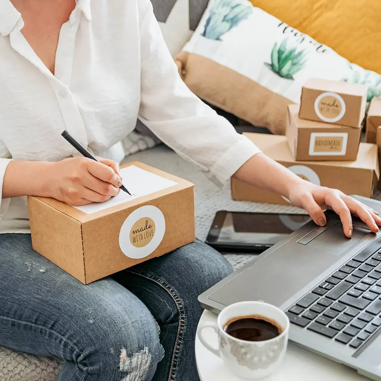 Woman on couch writing on a box while using a laptop. Coffee cup and other packed boxes are nearby.