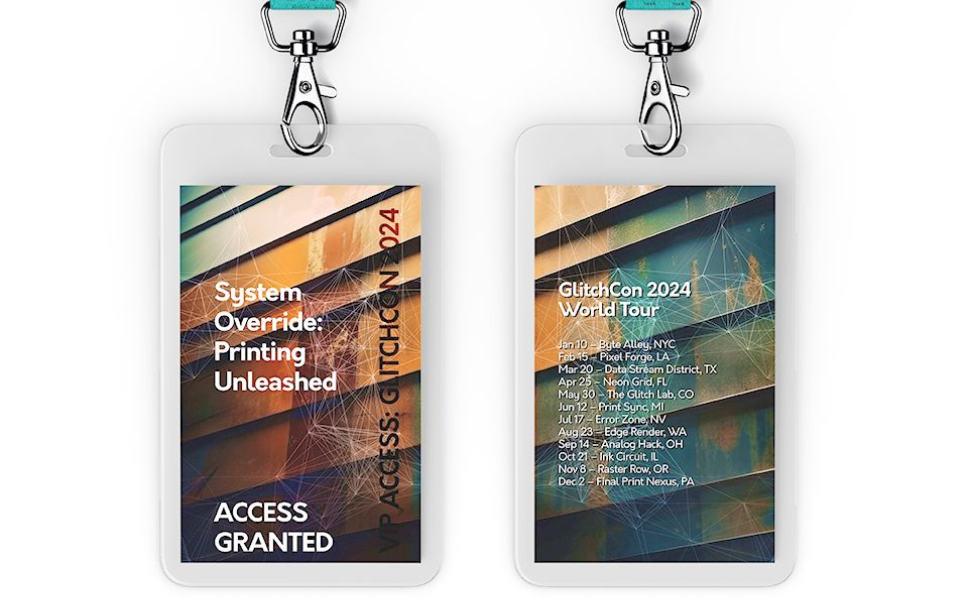 Two white conference badges with lanyards. One says 