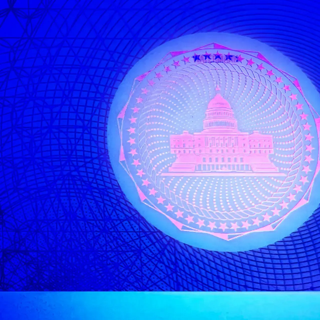 Blue-lit document revealing a pink, circular seal with building imagery.