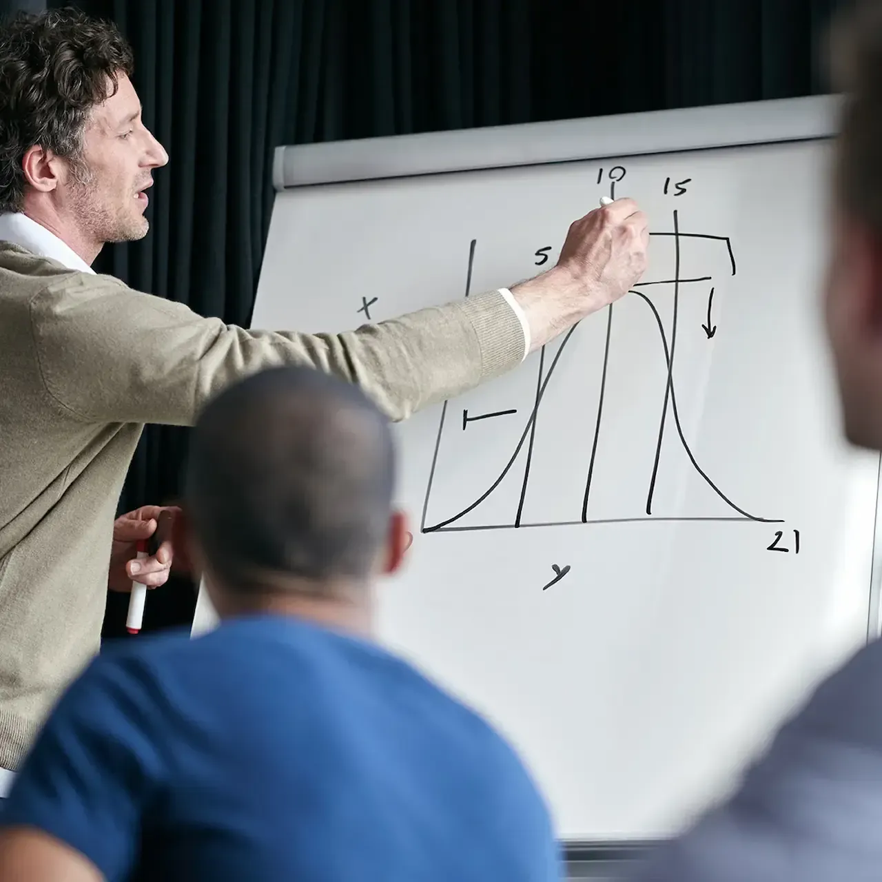 Man explaining a bell curve graph on a whiteboard to a group of people.