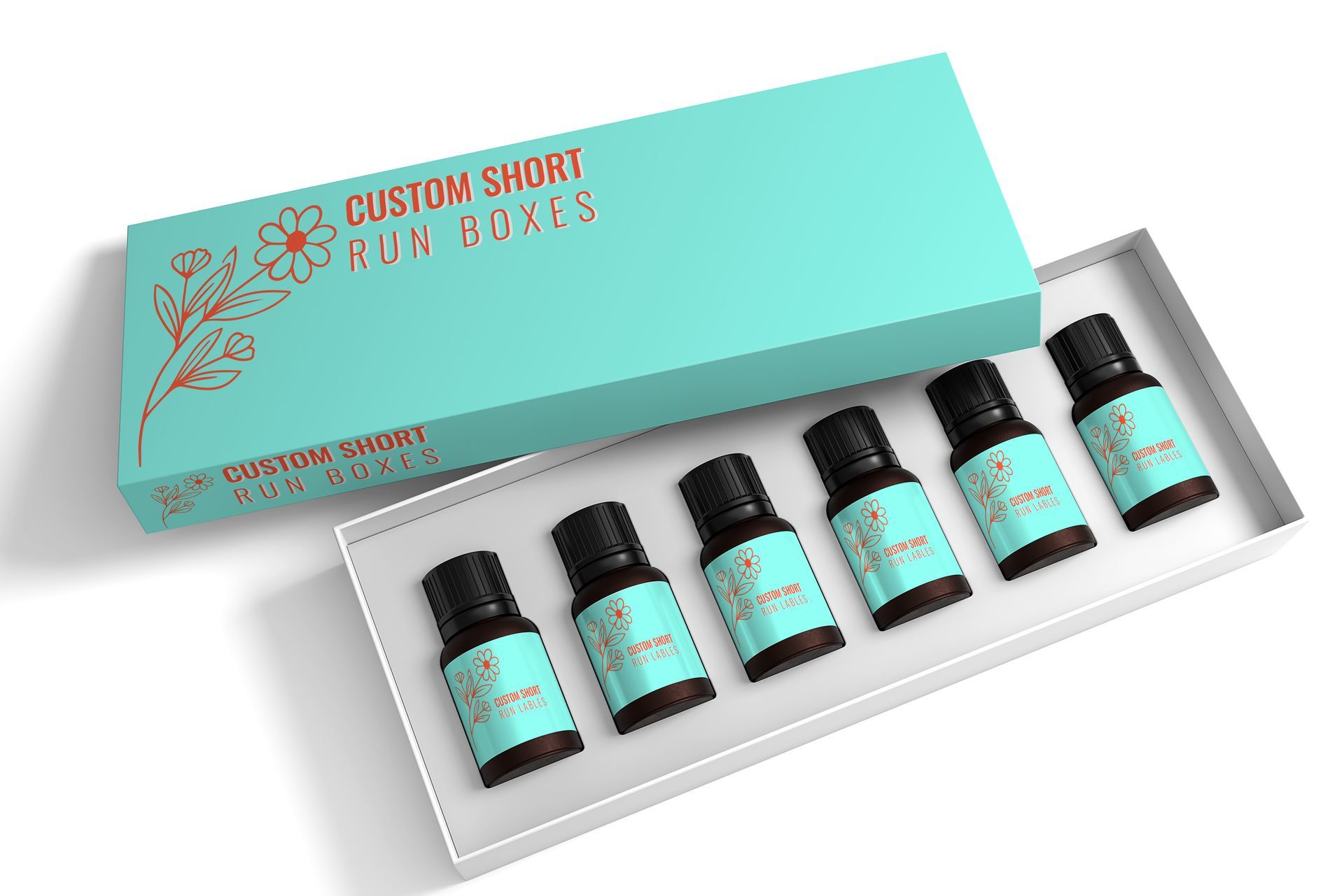 A box set of six essential oil bottles in a teal box.