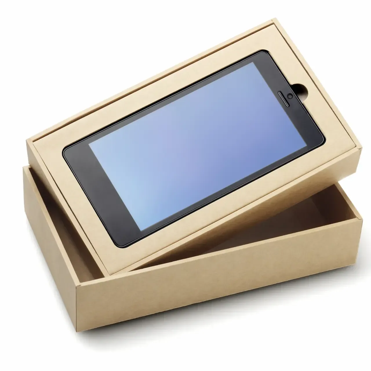 Tablet in a brown cardboard box, lid open, screen facing up.