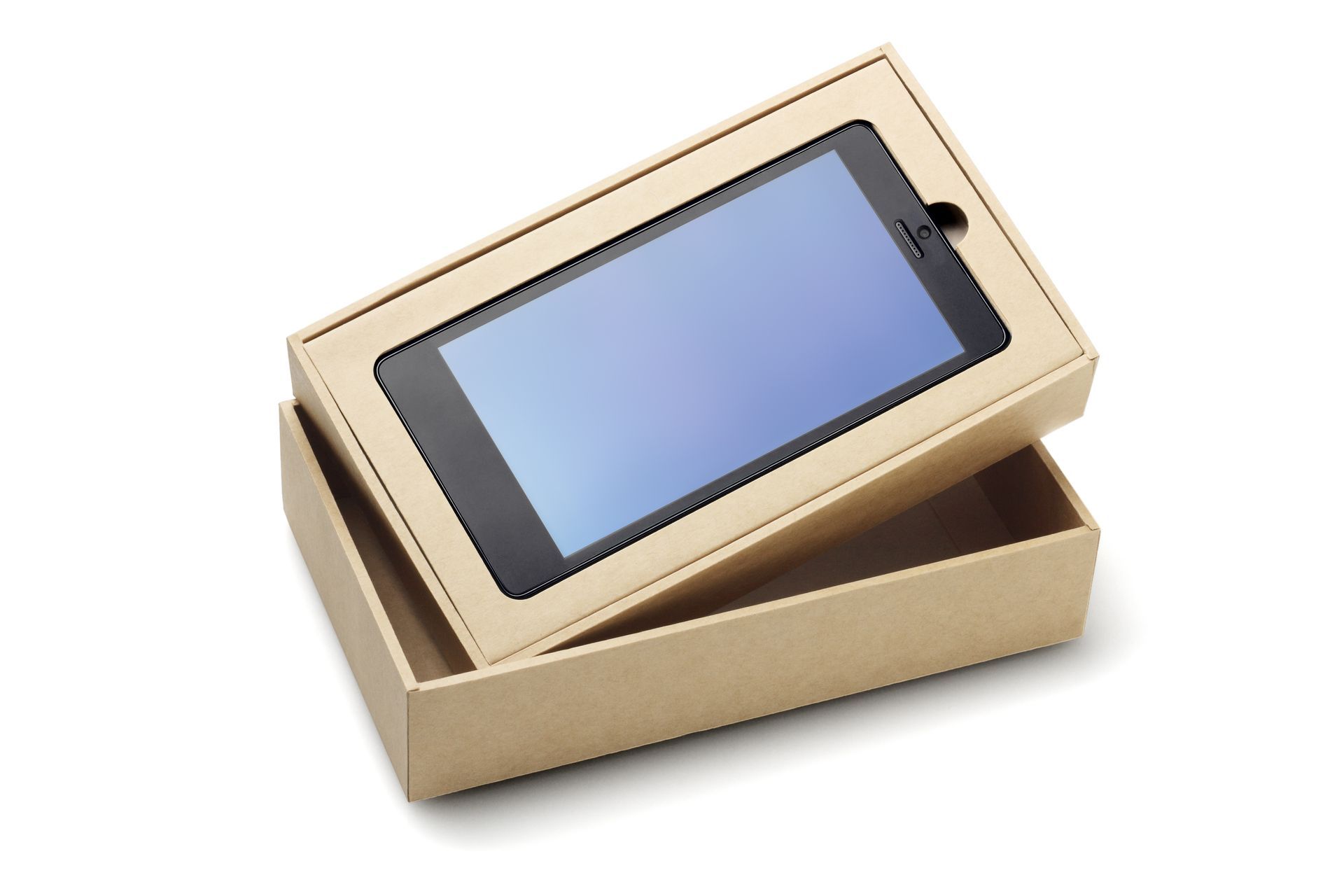 A cell phone in a cardboard box on a white background