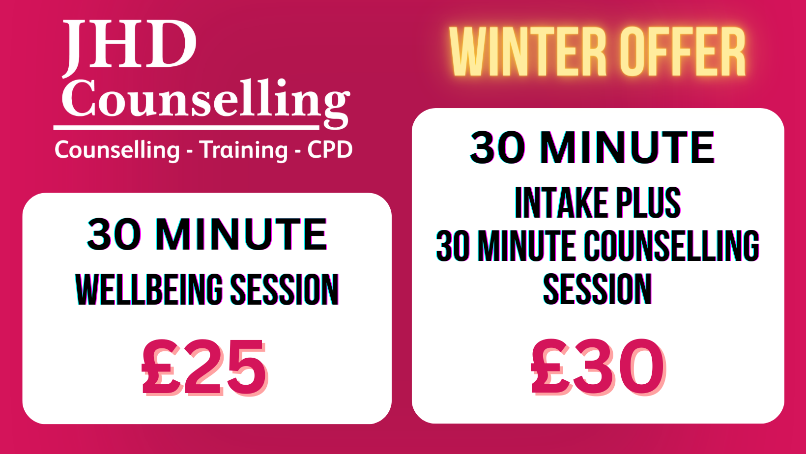 a winter offer for jhd counselling includes 30 minute intake plus 30 minute counselling session