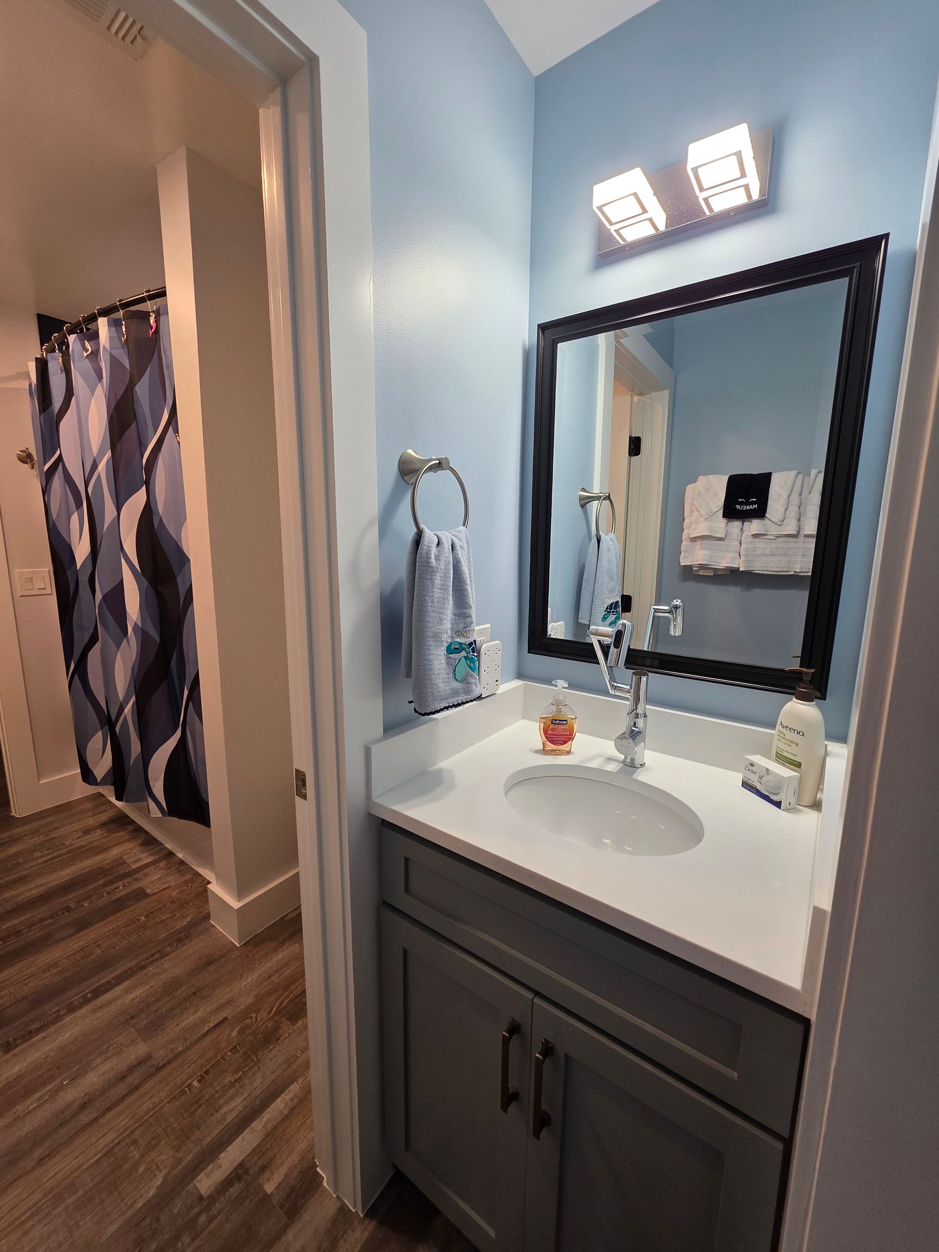 Bathroom with a vanity, mirror, and blue walls; shower visible in the doorway.