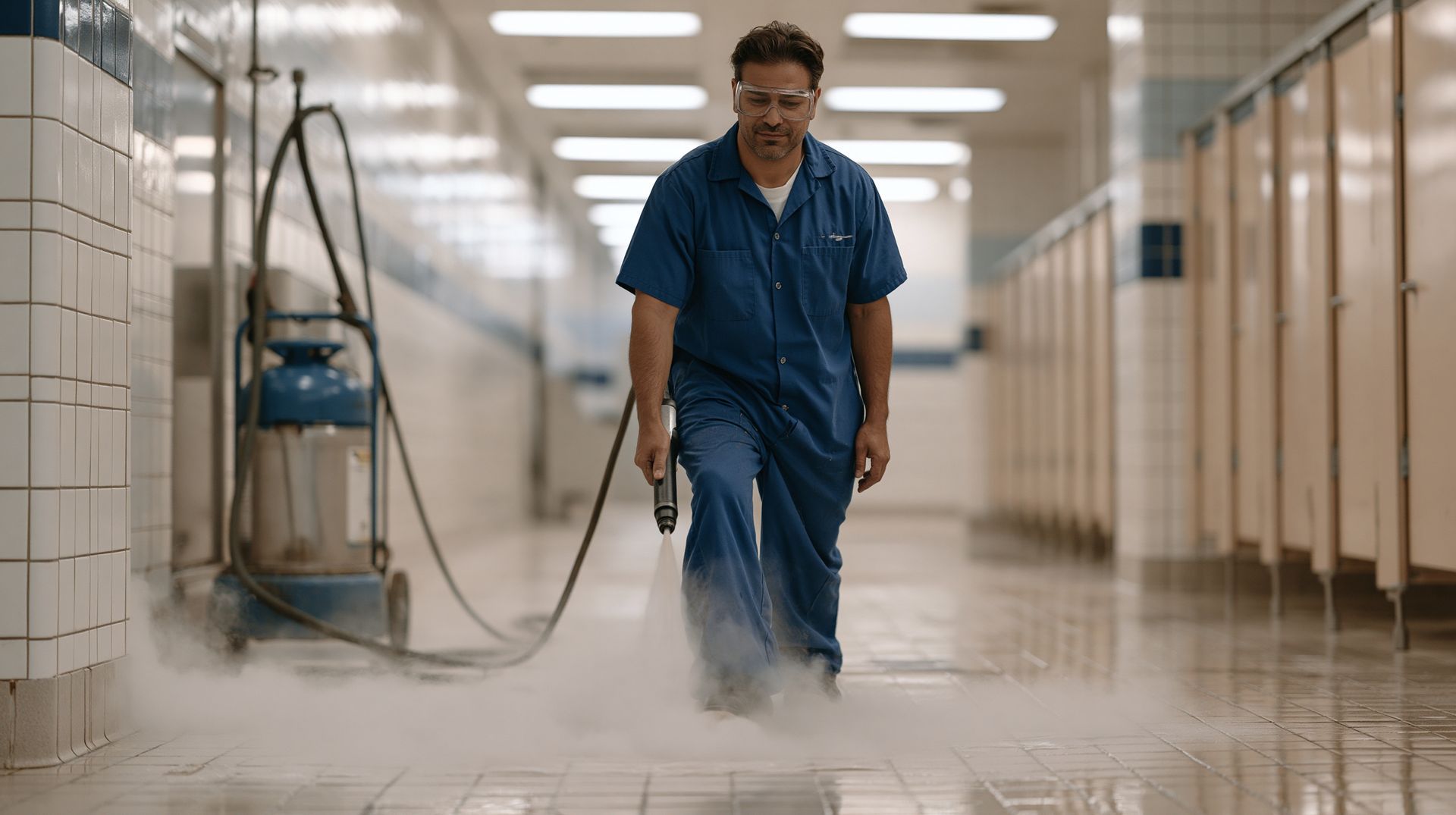 man cleaning bathroom tile grout