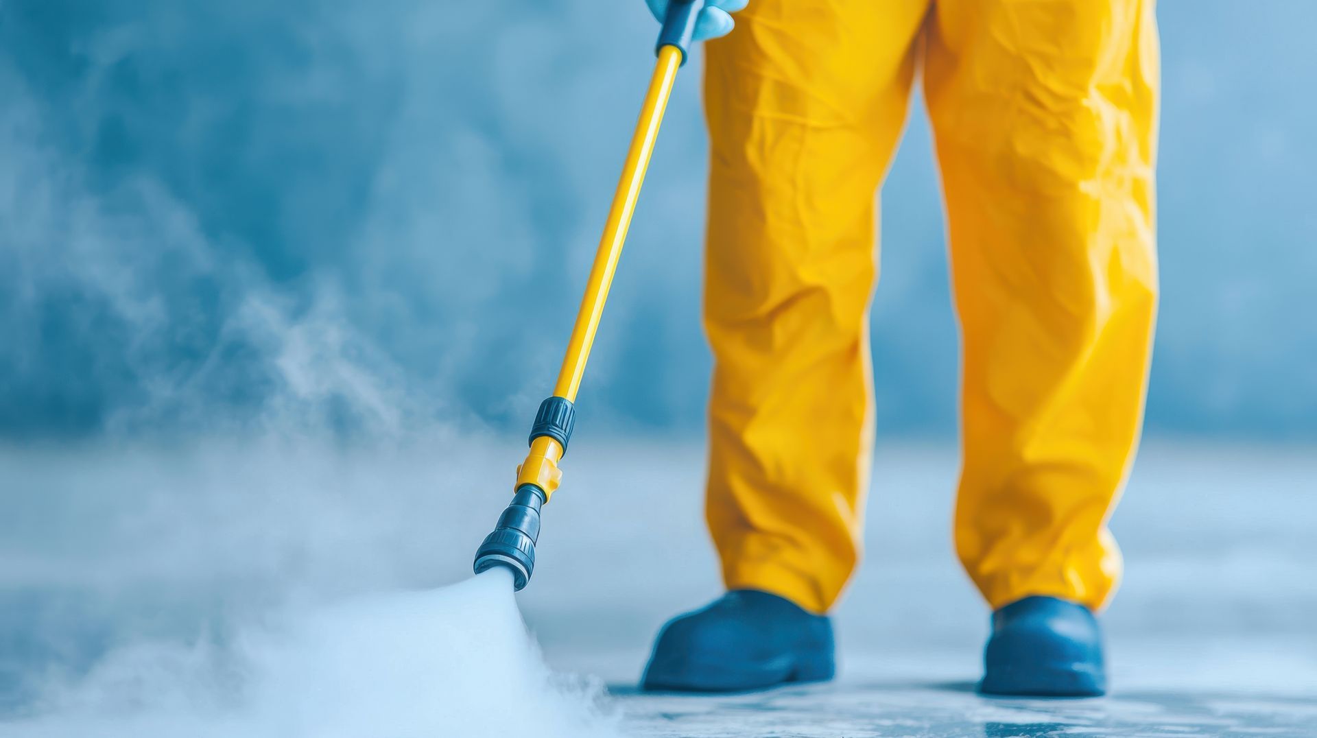 person pressure washing commercial building