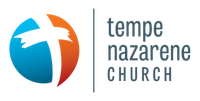 Logo for Tempe Nazarene Church featuring a circle split between blue and orange with a white cross, next to the text.