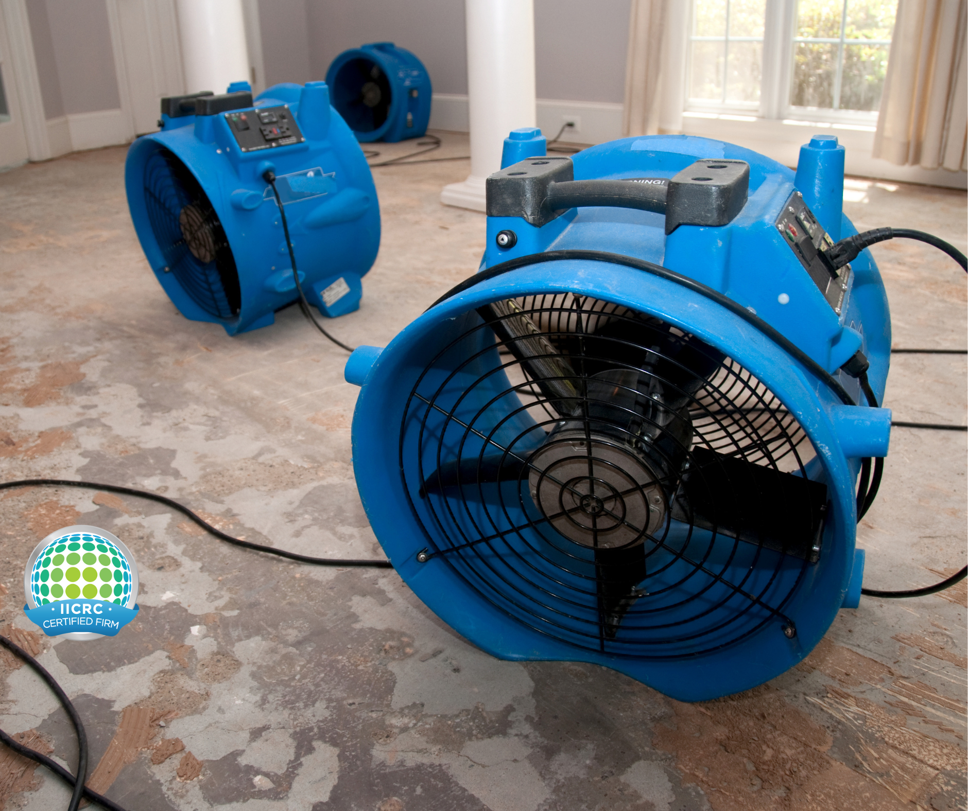 Two blue fans are sitting on the floor in a room.