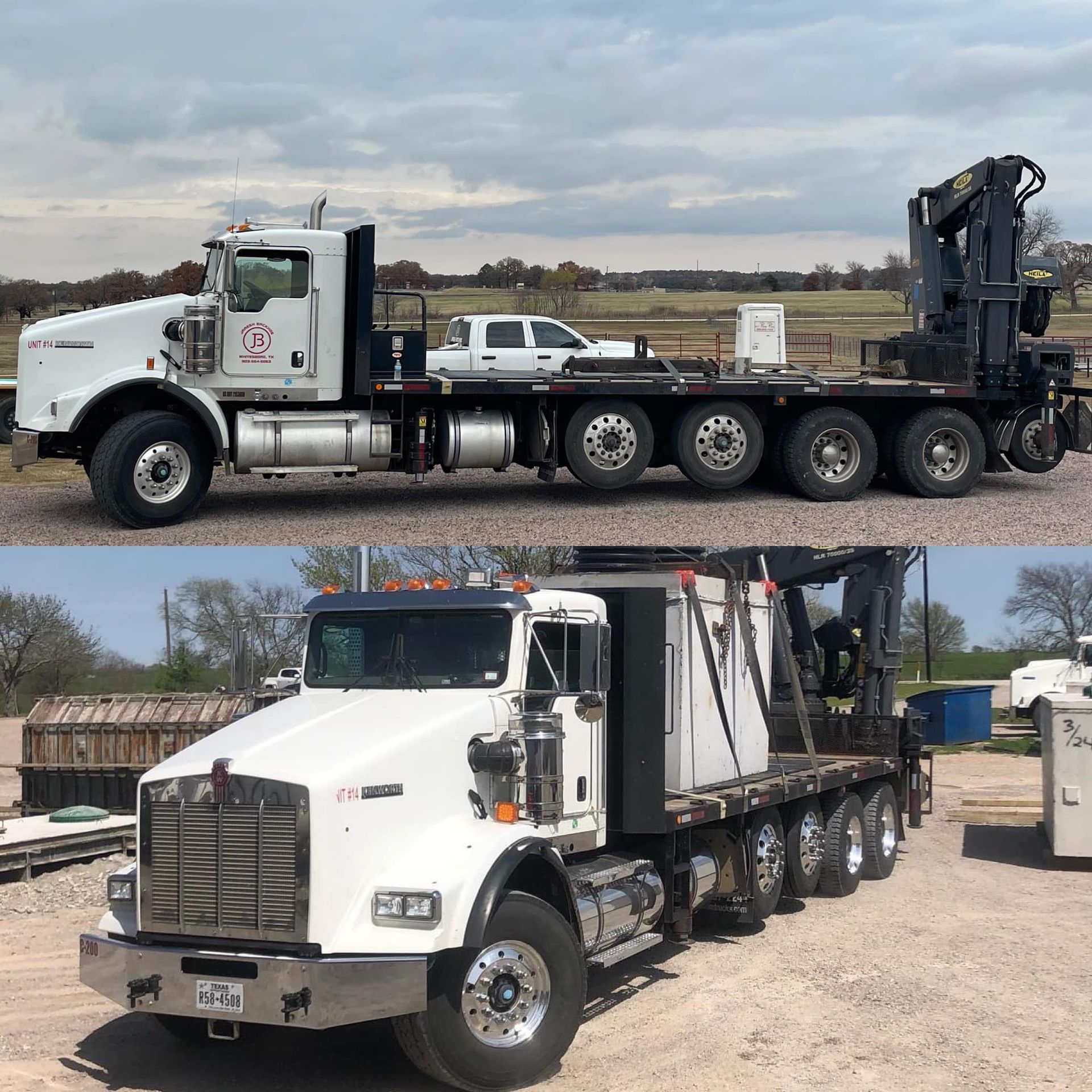 A kenworth semi truck with a flatbed trailer attached to it