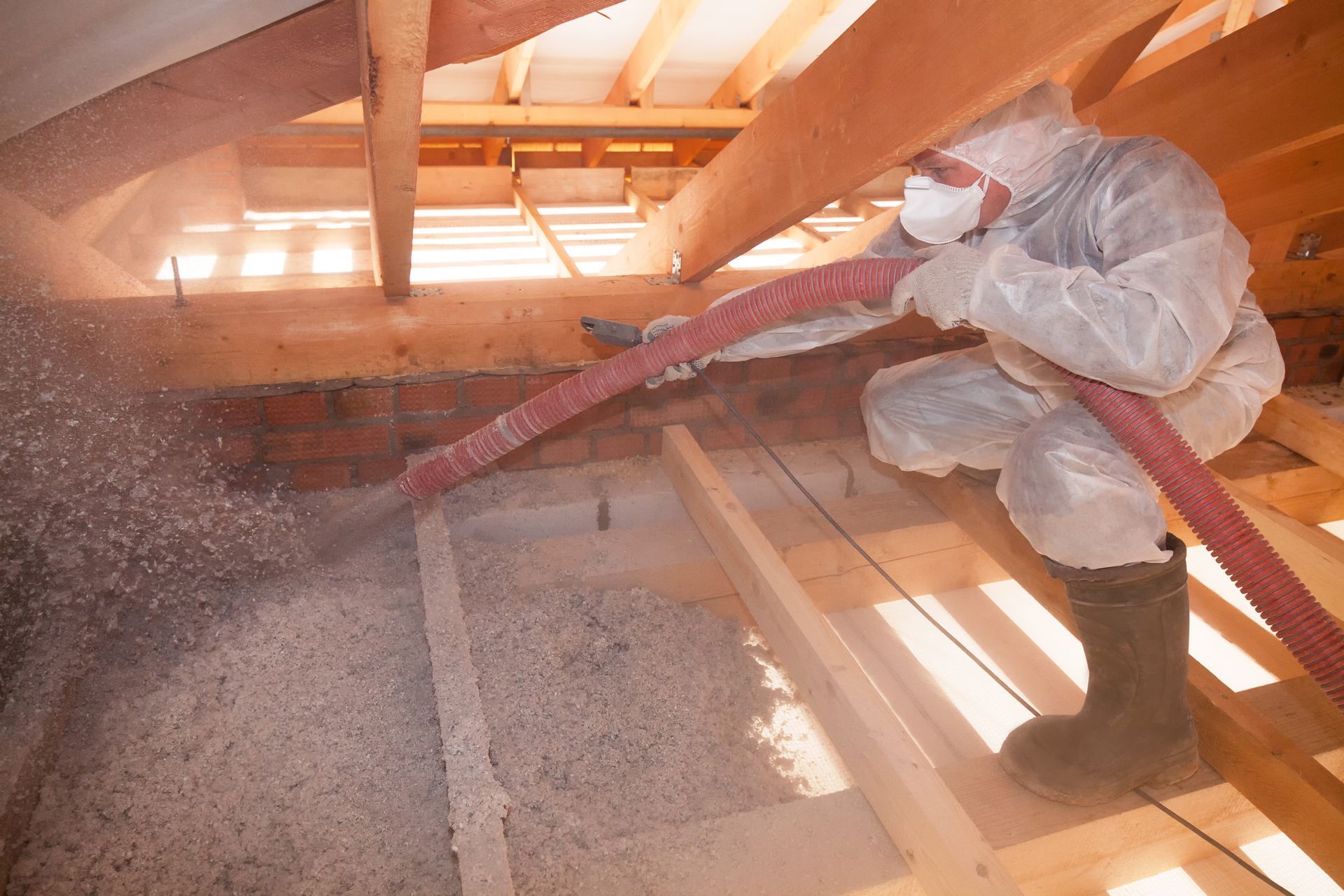 Worker in protective suit spraying insulation into an attic with exposed wooden beams.