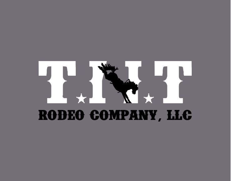 TNT Rodeo Company, LLC logo with white letters on gray background and black horse silhouette