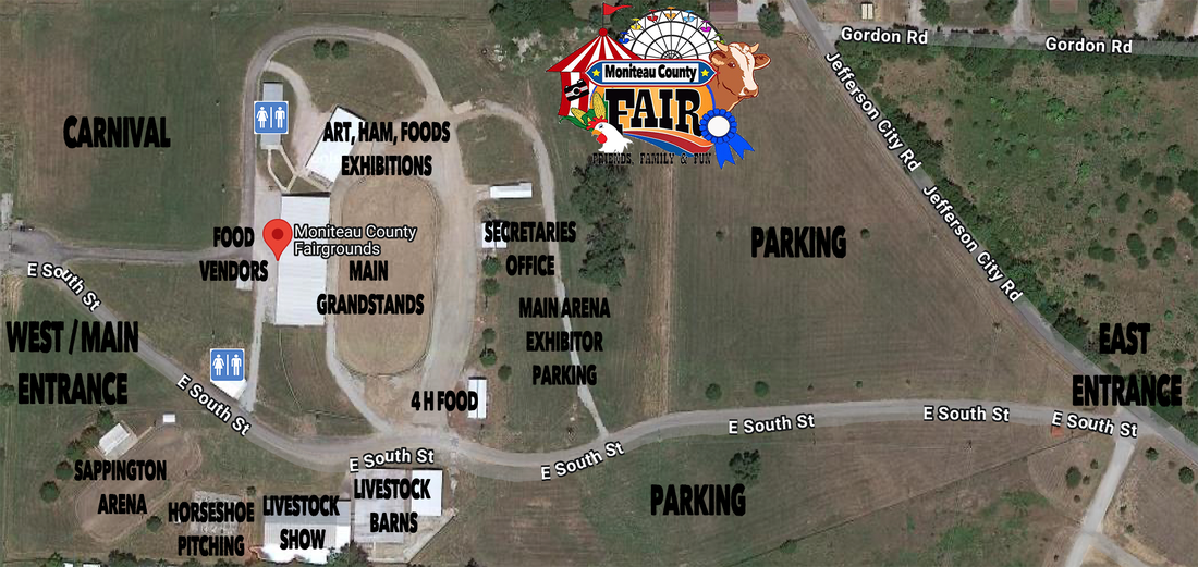 Aerial map of a fairground with labeled parking, entrances, exits, carnival, and exhibit areas.