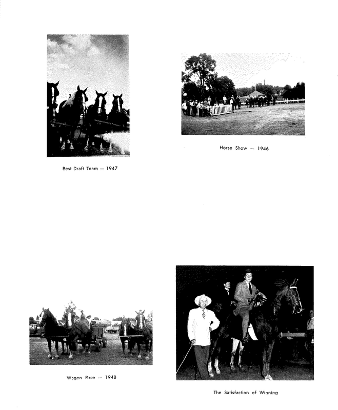 Four black-and-white historical photos showing people and horses outdoors at a camp or ranch.