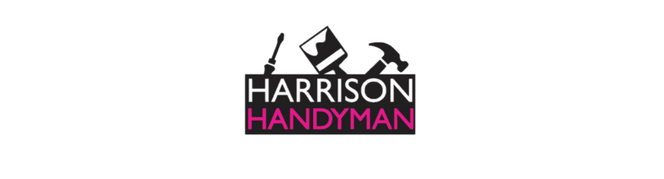 Logo for Harrison Handyman, featuring a screwdriver, paintbrush, and hammer icon above the business name in white and pink.
